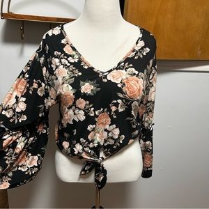 Black and Pink Bell Sleeve Blouse